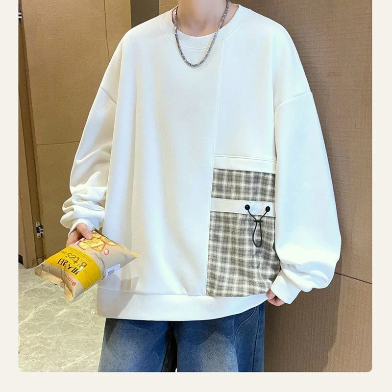 Men Crewneck Sweatshirt Spring Autumn New Casual Structure Top Plaid Patch Drawstring Pocket Loose Long Sleeve Pullover T Shirt