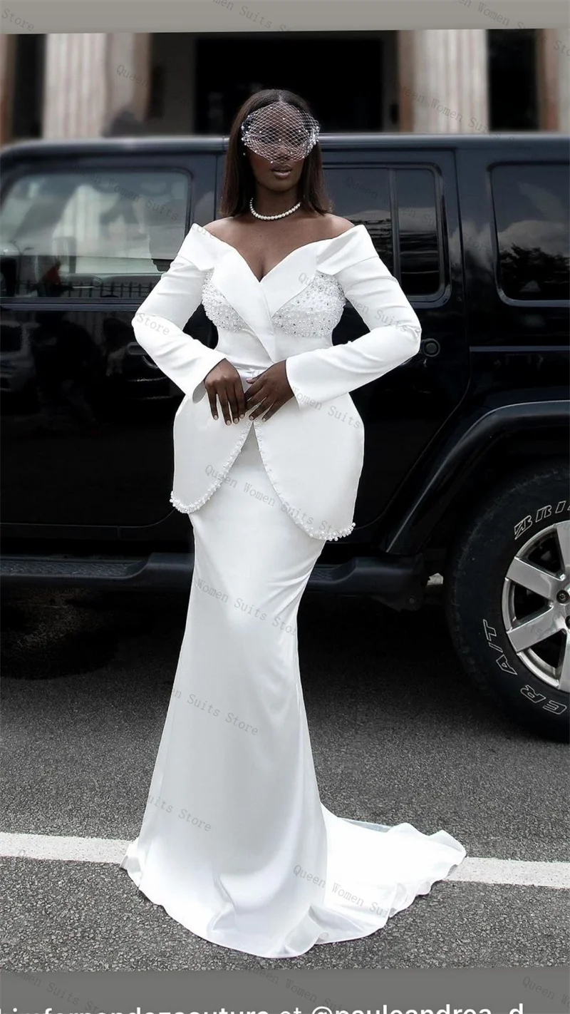 

White Pearls Women Suit Skirt Set 2 Piece Blazer+Prom Dress Formal Office Lady Jacket Cotton Wedding Bride Coat Customized