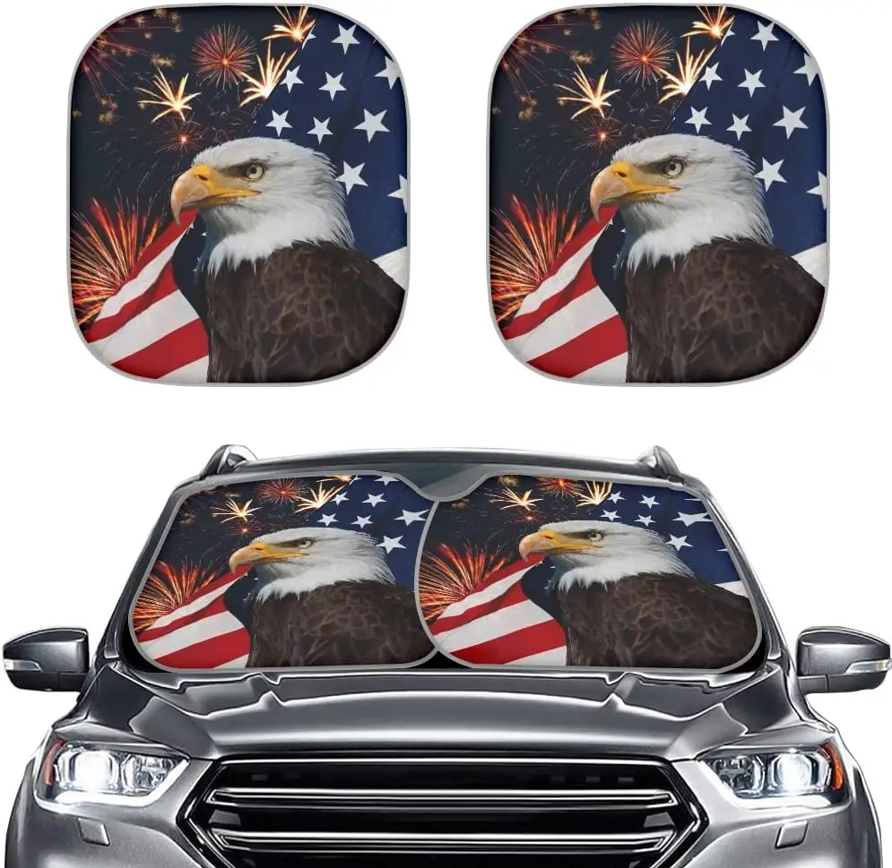 

UNICEU Patriotic Auto Accessories, Foldable Car Windshield Sunshade 2-Piece, American Flag Bald Eagle Car Sun Visor Mat- UV Prot