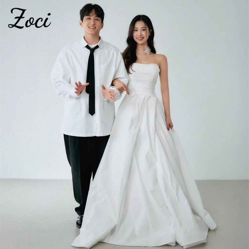 

Zoci Elegant Strapless Korea Wedding Dresses Draped Customized Puffy Bride Photos Shoot Dress Floor Length Corset Bridal Gown