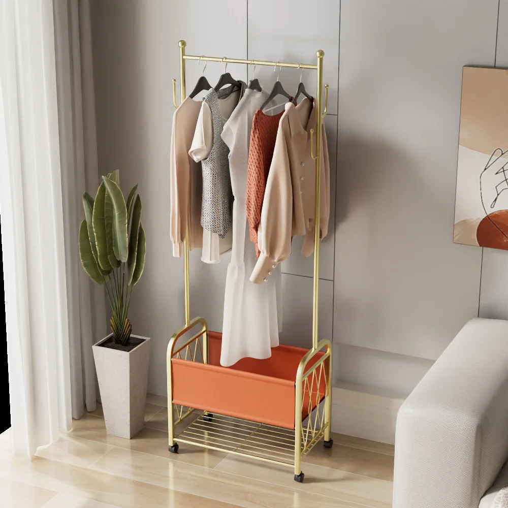 

#Home Simple Design Small Apartment Leather Double-Layer Metal Floor-Standing Movable Coat and Hat Rack with Cactus Storage