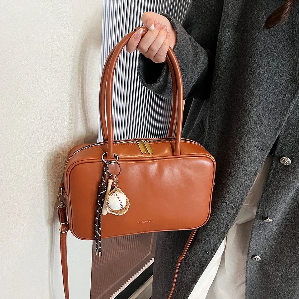 

PU Leather Women's Shoulder Bag 3-Way Crossbody Handbag with Baseball Charm Adjustable Strap Top Handle Purse for Casual & Work