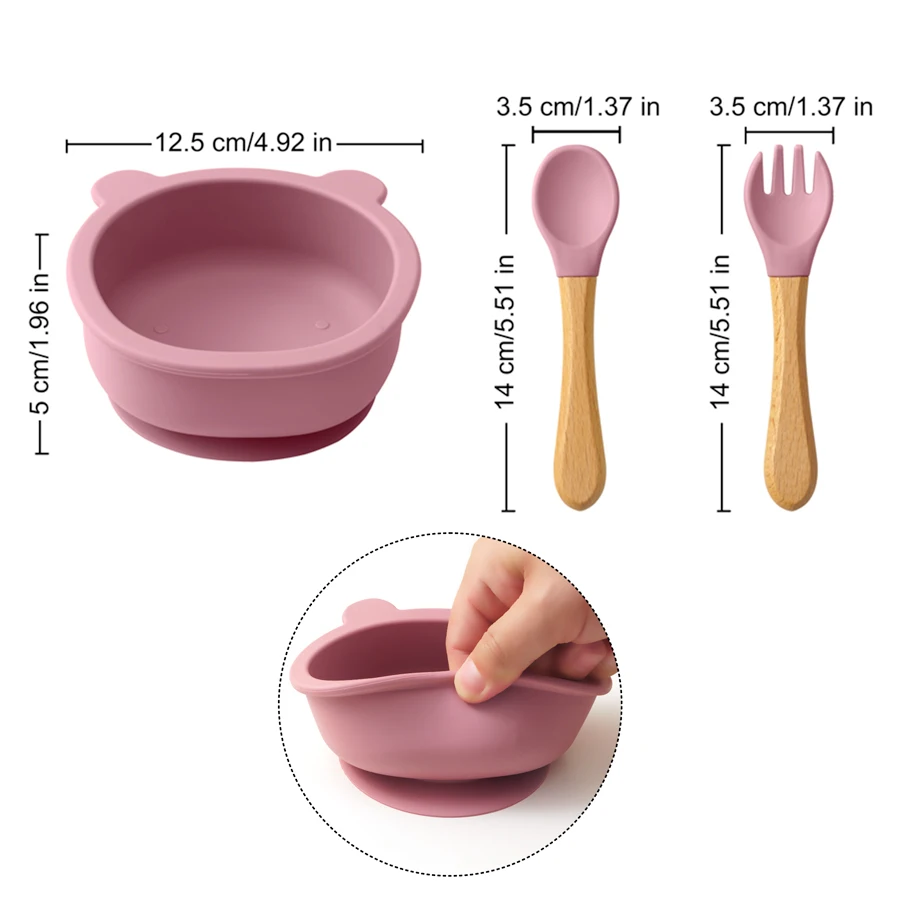 3PCS Baby Silicone Tableware Wooden Handle Spoon Fork Feeding Sucker Bowl Training Learning Baby Stuff Non-Slip Baby Dinner Set