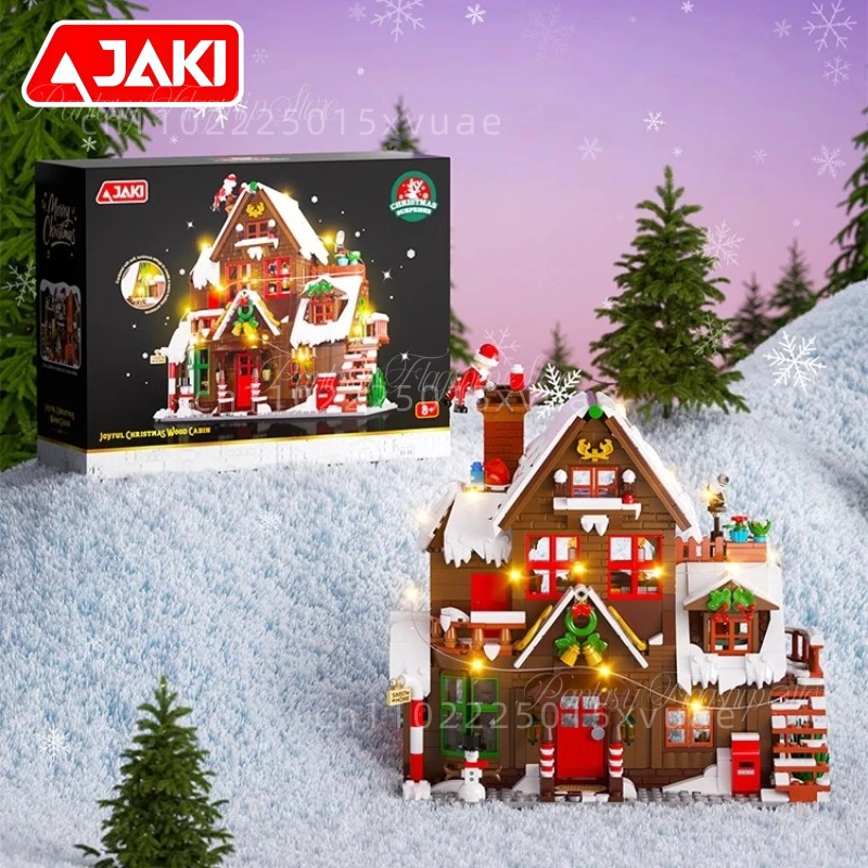 Nuovo JAKI Buon Natale Casa in legno Blocchi di costruzione Puzzle Street View Assemblaggio Giocattolo Modello Decorazioni per il desktop Regali di Natale