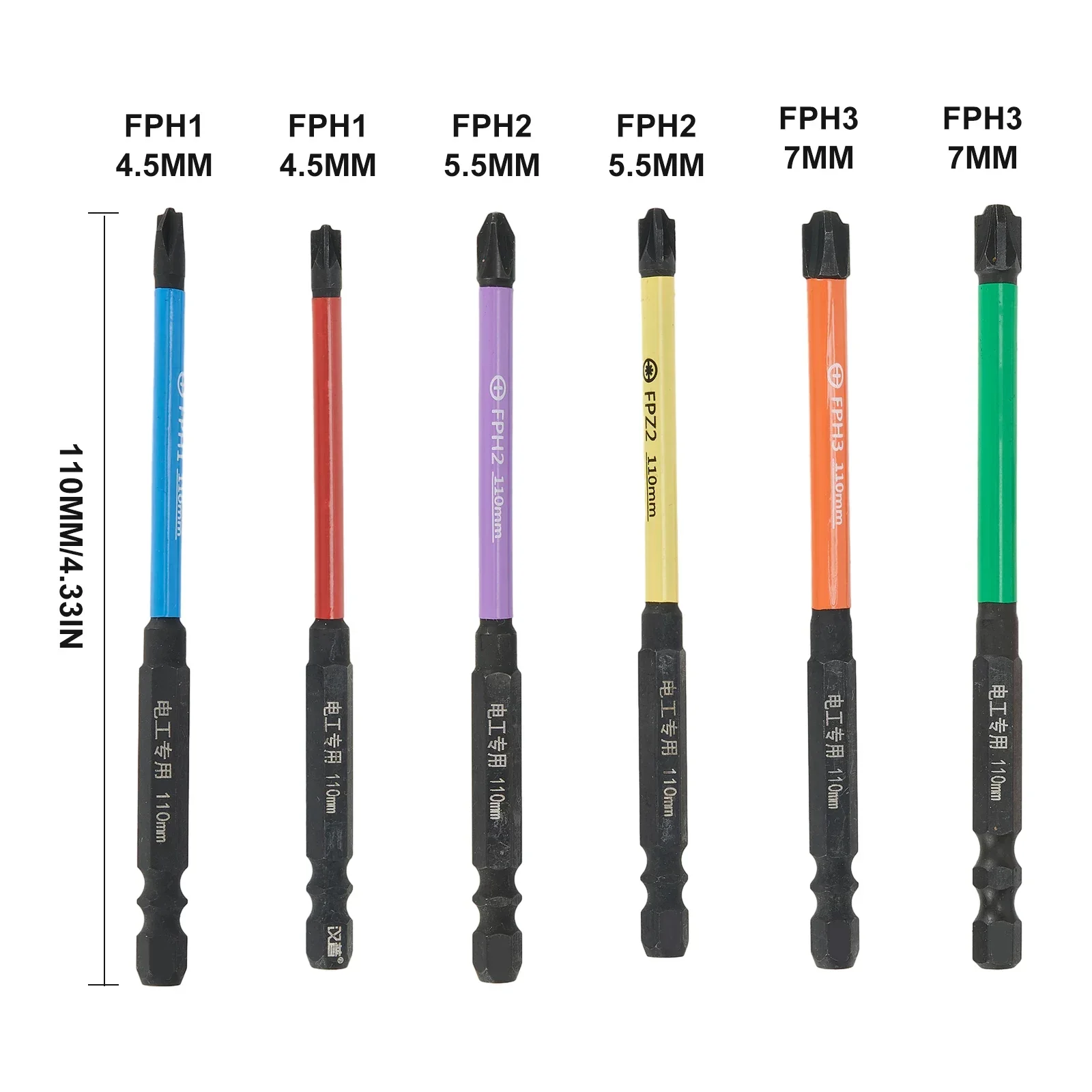 Electrician Screwdriver Bits 110mm / 4.33’’ Length 6 Pcs/set Alloy Steel FPH1/FPH2/FPH3/FPZ1/FPZ2/FPZ3 Magnetic