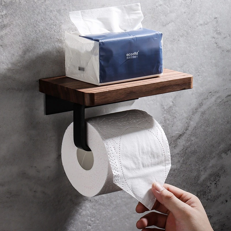 2025 Modern Walnut Bathroom Tissue Holder-No Drill Wall-Mounted Organizer with Phone Shelf Solid Wood Paper Roll Rack for Toilet