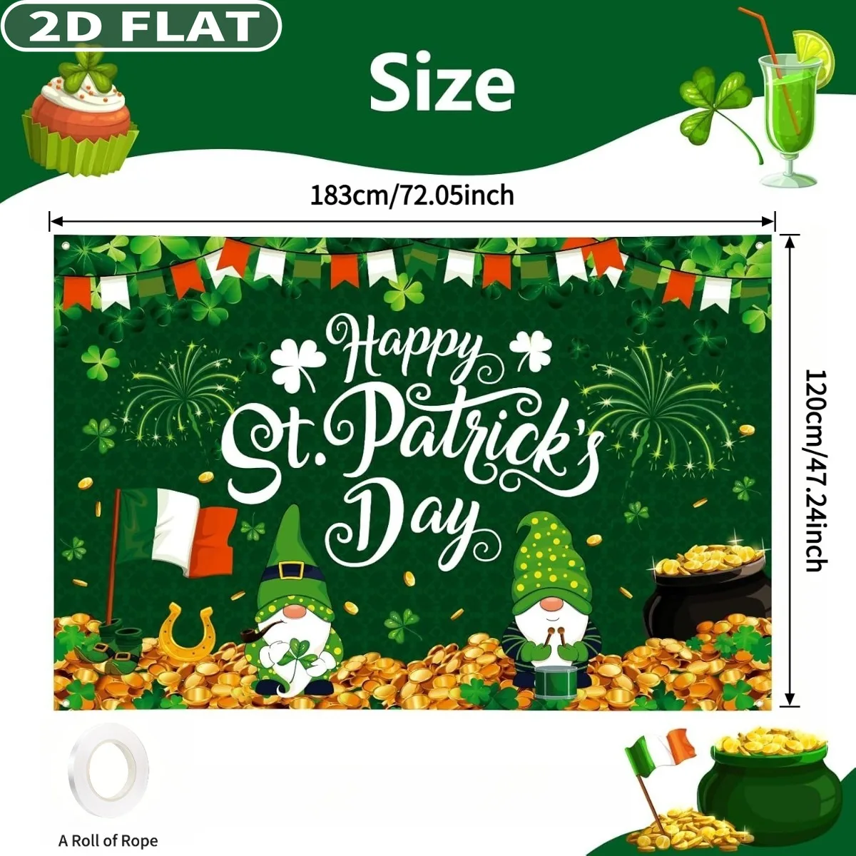 2D FLAT 1pc St Patricks Day Banner 48x72 Inch Polyester Irish Gnomes Shamrocks Coins Lucky Backdrop Celebrate Party Supplies