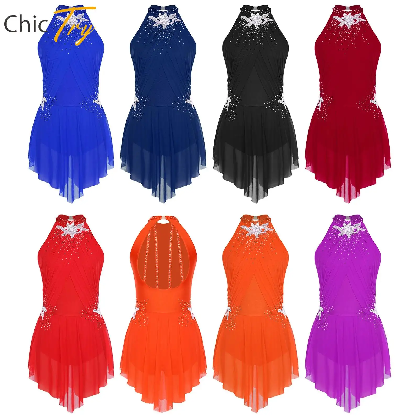 

Women's Ballet Dress Lyrical Contemporary Dance Dress Sleeveless Strappy Back Ruched Rhinestones Gymnastics Leotards Dancewear