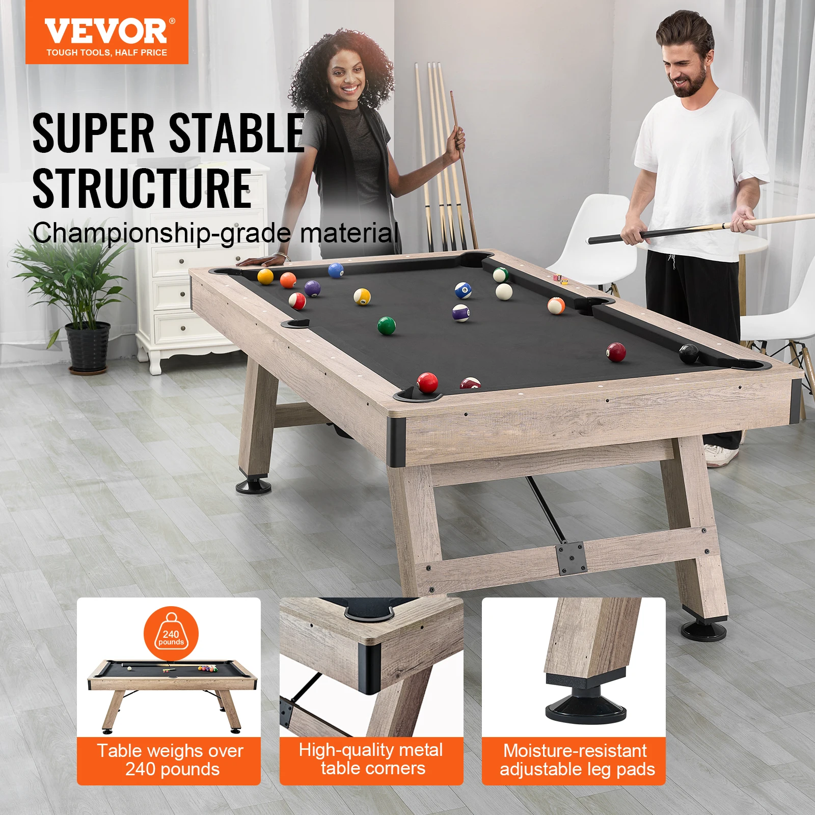 VEVOR Billiards Table 7 ft Pool Table Adjust Legs Stable Billiards Table Pool Table Set Includes Balls Cues Chalks and Brush