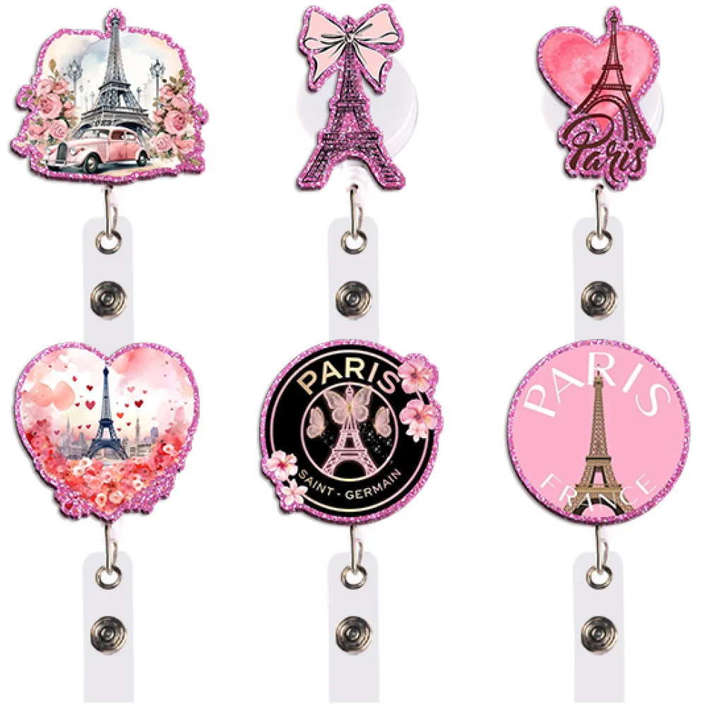 Pink Paris Badge Reel Retractable ID Holder Eiffel Tower Heart Airplane Gift for Student School Office Commute