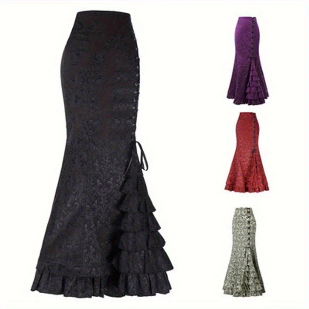 

Victorian Style Fish Tail Skirt - Elegant Jacquard Print Gothic Mid-Length Dark Fashion