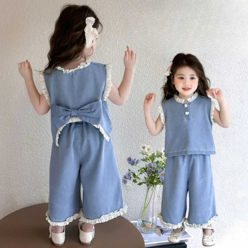 صيف جديد النسخة الكورية الدانتيل المرقعة تقليد سترة جينز وسراويل قطعتين مجموعة 2-7 سنوات القوس ملابس الفتيات عادية #3