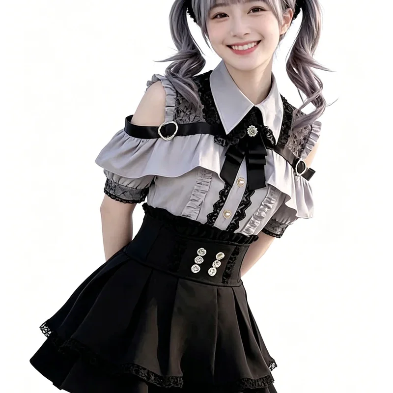 Kawaii Women's Short Sleeve Blouse Y2K Jirai Kei Lolita Style Cute Japanese Aesthetic Casual Sweet Top Elegant Shirt for 2026