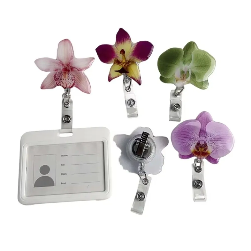New Acrylic Resin ID Card Badge Holder Clip Orchid Design Pull-Off Retractable Badge Reel Retractable Orchid ID Badge For Women