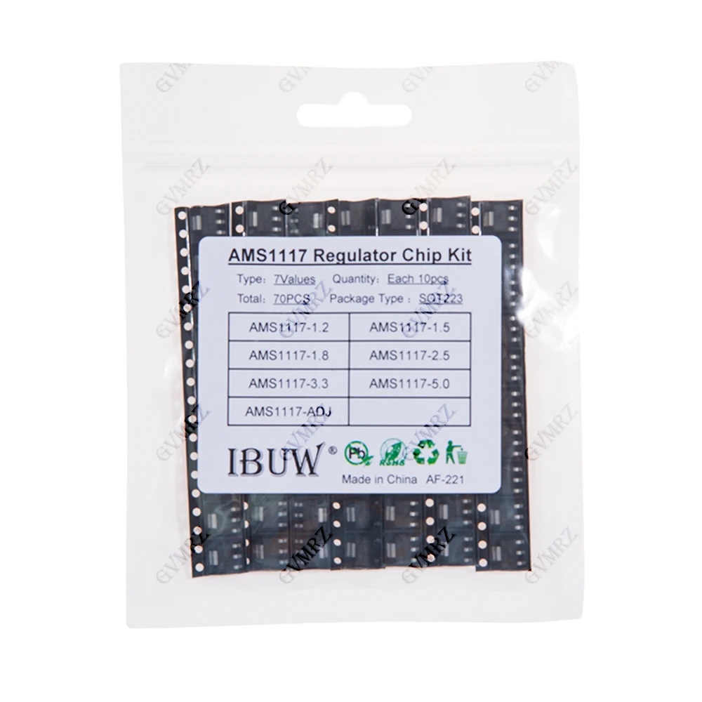 70PCS 7Values AMS1117 Regulator Chip Kit  (2.5/3.3/5.0/ADJ) for Arduino DIY Electronic Power Supply Project 1.2/1.5/1.8 SOT223