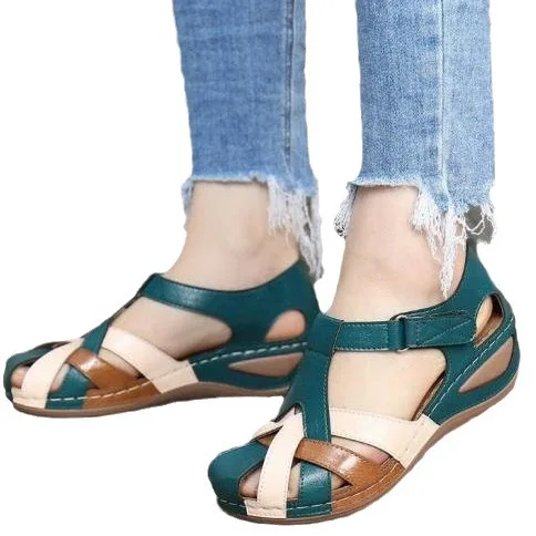 

Women's summer new European and American retro round toe wedge with Roman shoes cross buckle