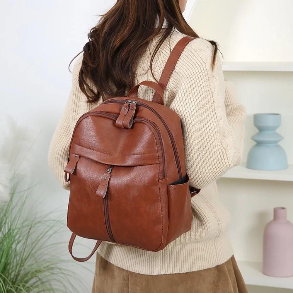 New PU Leather School Bag Anti-Splash Water Multi Pocket Bookbag Solid Color Large Capacity Rucksack