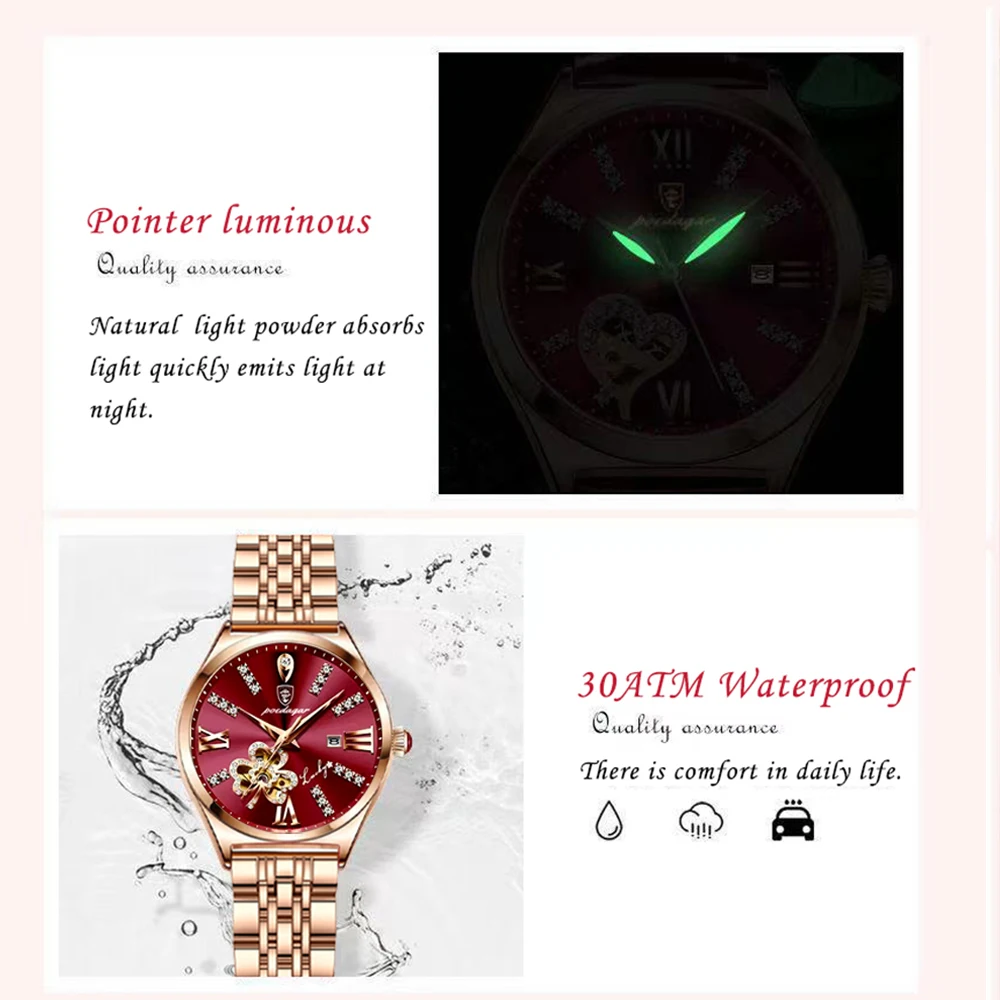 POEDAGAR Women Watch Fashion Luxury Wine Red Quartz Watches Waterproof Stainless Stain Ladies Wristwatch Romatic Girlfriend Gift