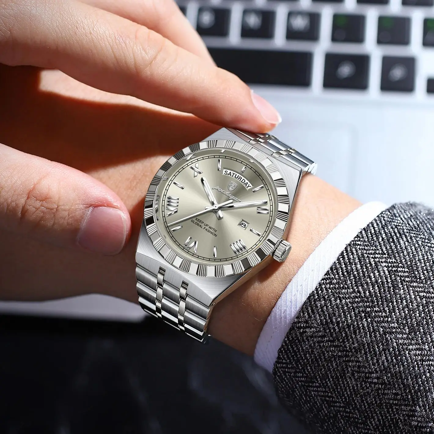 POEDAGAR ساعة رجال الأعمال الفاخرة تاريخ الأسبوع مقاوم للماء ساعات مضيئة للرجال الفولاذ المقاوم للصدأ كوارتز ساعة يد رجالية الموضة