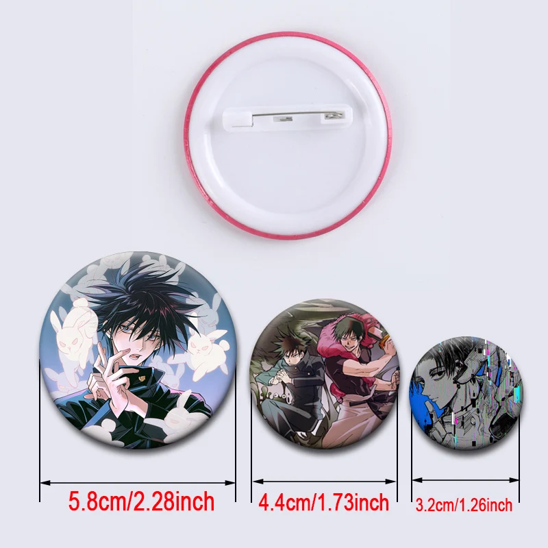 Round Anime Brooches Jujutsu Pins Itadori Yuji Kugisaki Nobara Gojo Satoru Geto Suguru Zenin Maki Badge Bag Accessories Gifts