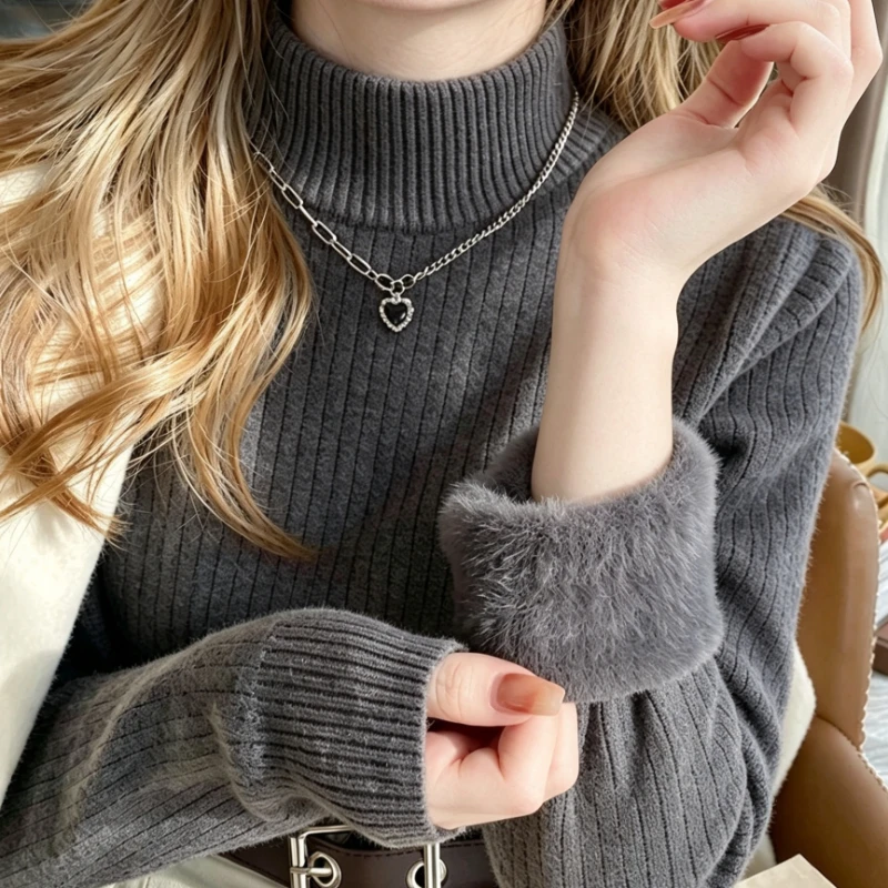 Women Winter Warm Fleece-lined Solid Minimal Elegant Turtleneck Ribbed Slim Fit Long Sleeve Layering Base Layer Pullover Tops