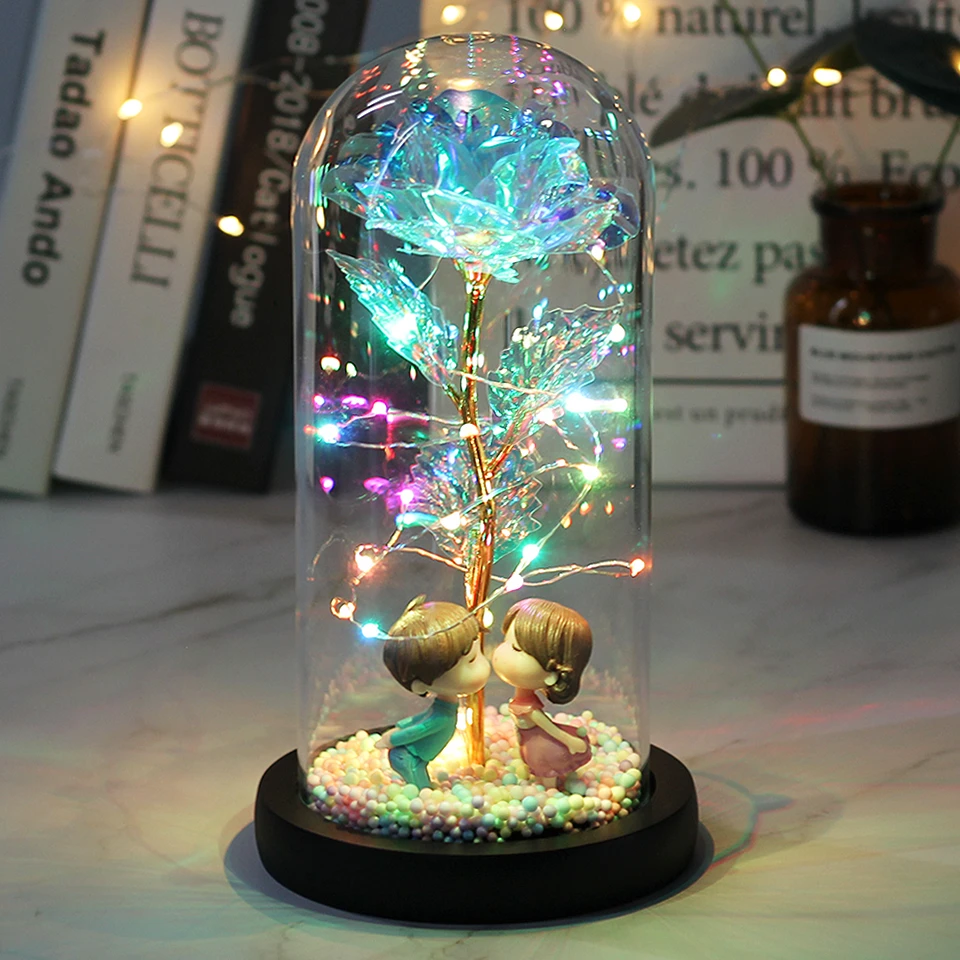 

Hot LED Enchanted Galaxy Rose Eternal 24K Gold Foil Flower With Fairy String Lights In Dome For Christmas Valentine's Day Gift