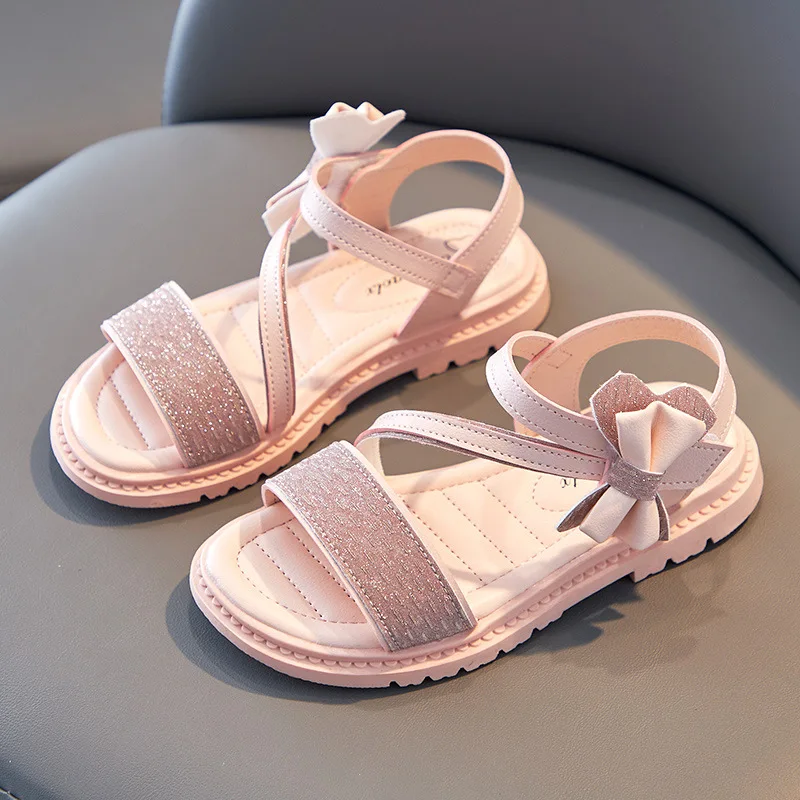 

Fashion Bow New 2023 Glitter Kids Flats Sandals for Girl Shoes Dress Sandal for Girl Shoes Princess Children Summer Beach Sandal