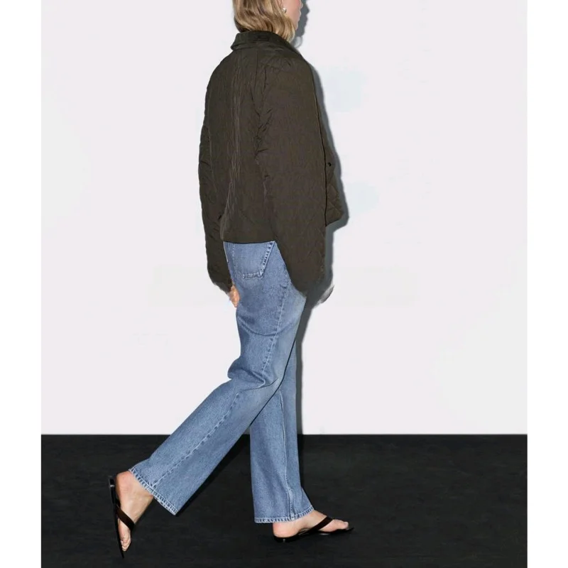 

New Autumn Women's Cotton Jaet Lightweight Flannel Collar Diamond Pattern MD Casual Sle Ladies ort Outerwear Coat