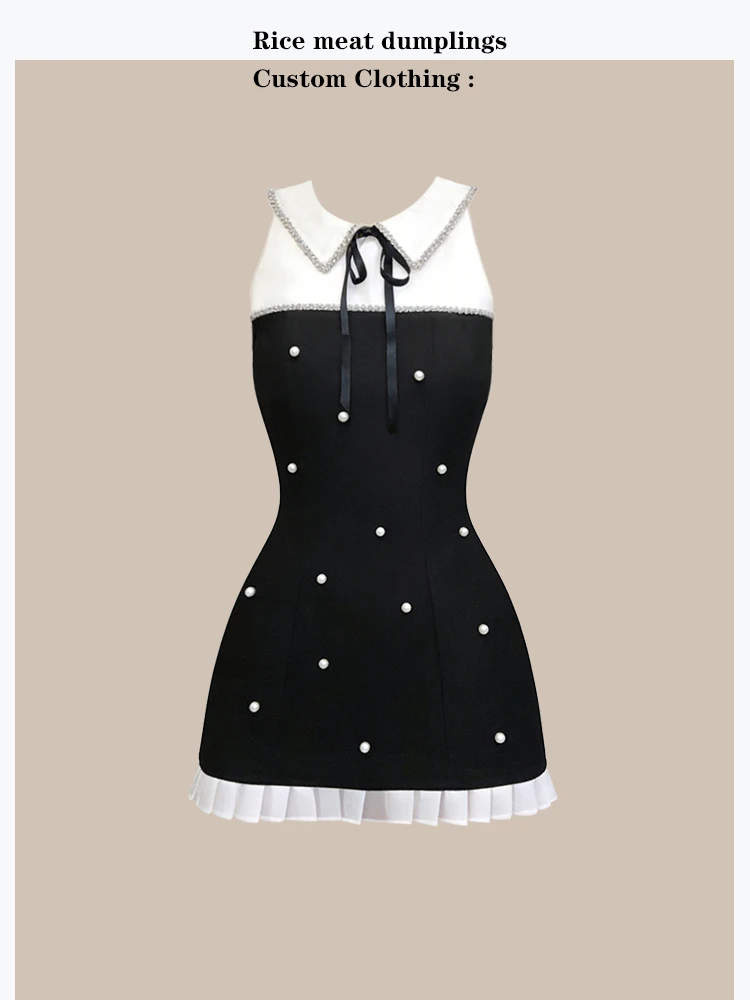 

Unique Elegant Small Fragrance Style Thousand Gold Feeling Waist Cinched Sleeveless Dress Color Block Design A-Line Skirt Dress
