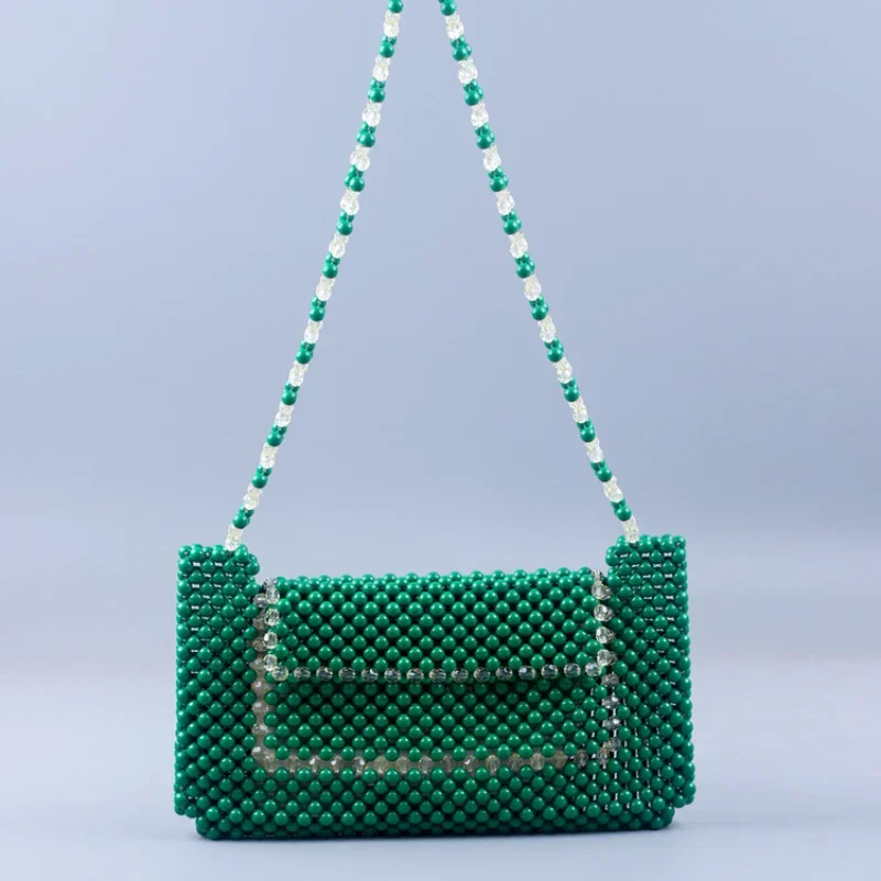 

Fashion DIY Handwoven Beaded Bags Ladies Handbag New Design Texture Green Vintage Versatile Pearl Underarm Women's Shoulder Bag