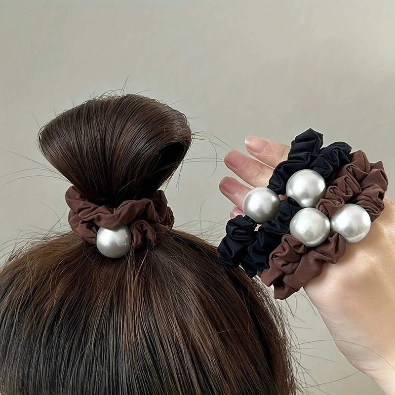 2pcs/set Pearl Skinny Scrunchies Hair Tie Elastic Hair Band Solid Color Soft Fabric Rubber Bands Women Hair Accessories