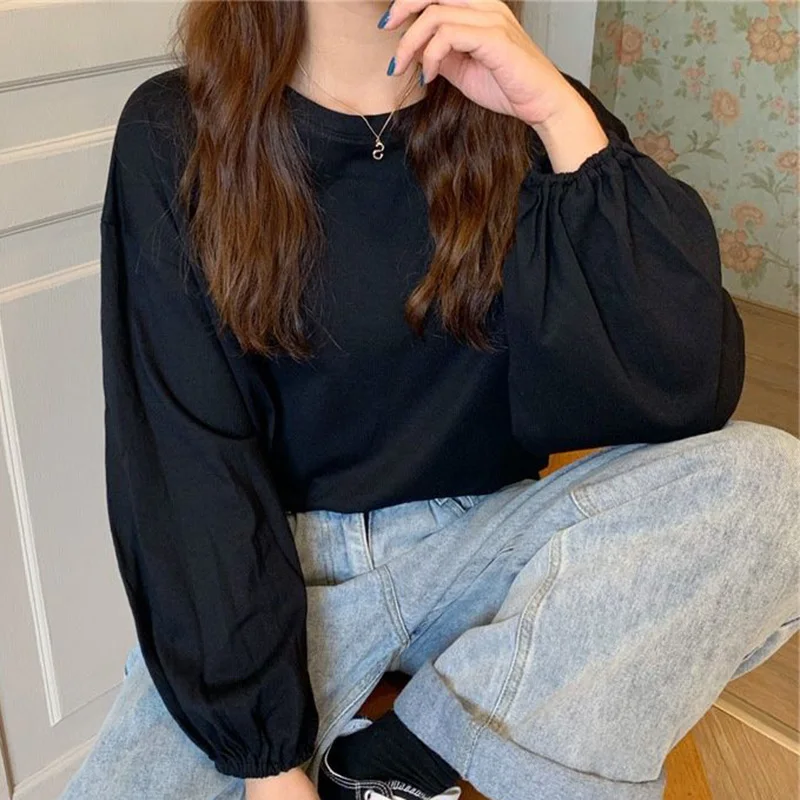 Fashion O-Neck Loose Folds Lantern Sleeve T-Shirt Female Clothing 2023 Autumn New Casual Pullovers Solid Color Korean Tee Shirt