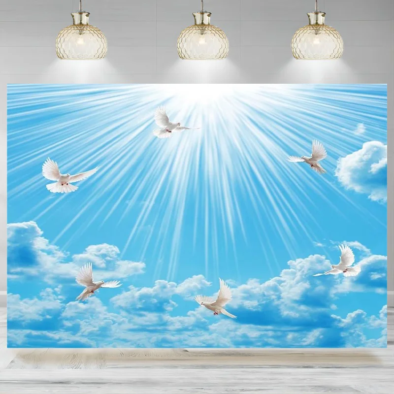 White Peace Doves Backdrop Banner Blue Heaven Photographic Background Religious Belief Christian Church Decor