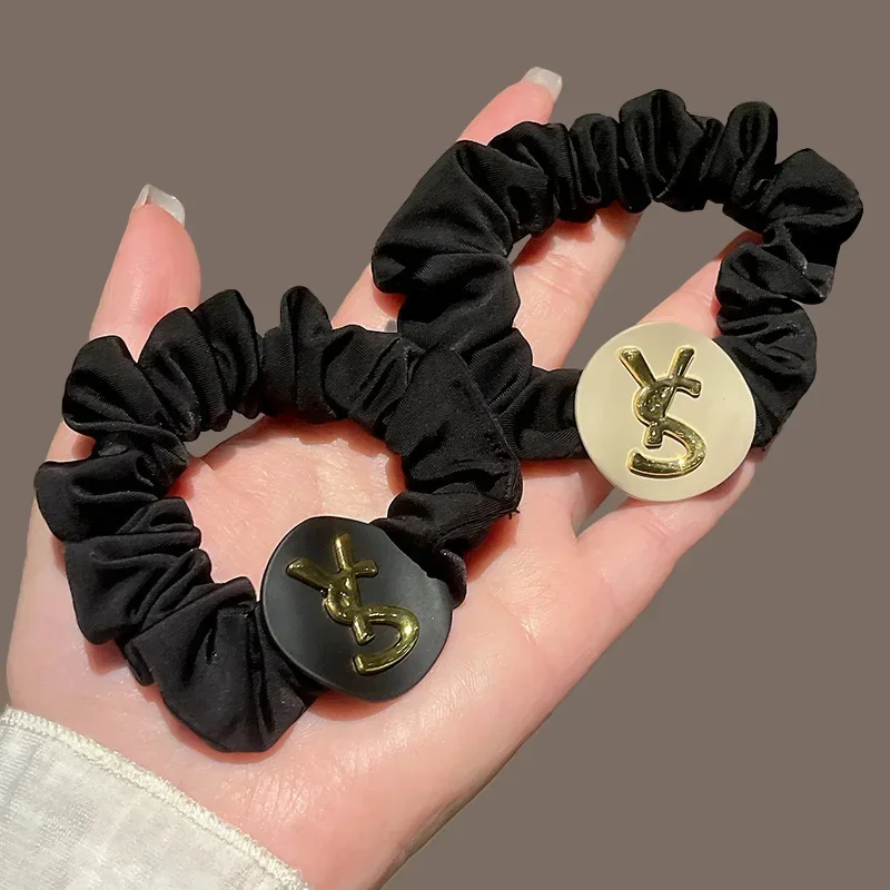 Fashion Vintage English Letters Hairband High Elastic Solid Color Pleated Scrunchies for Women Girls Ponytail Bun Hair Ring Gift