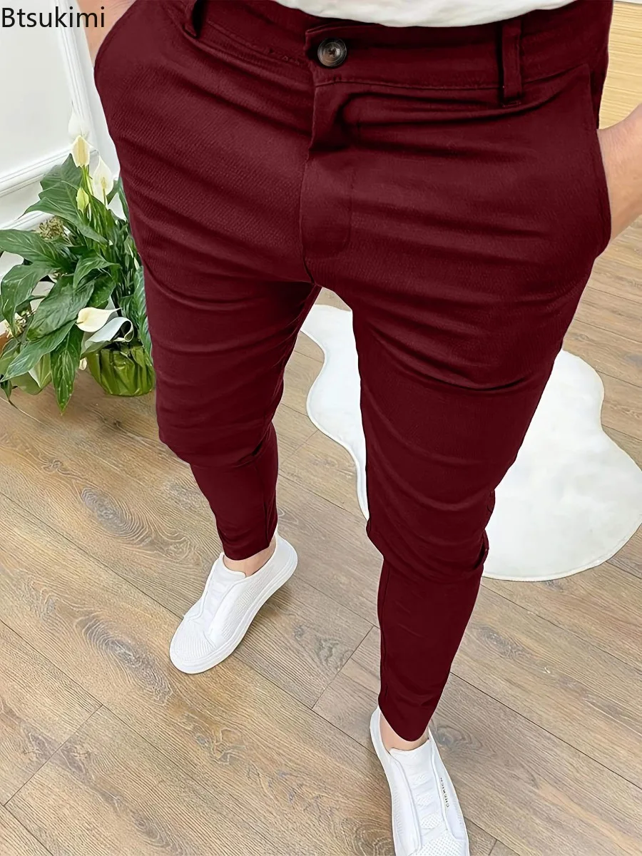 New Men's Solid Color Slim Trousers Fashion High Elastic Classic Casual Pants Men Business Office Work Versatile Pencile Pants