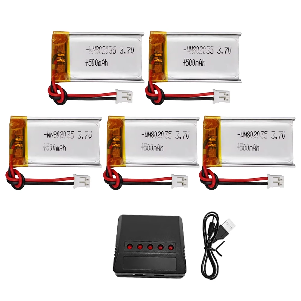 5PCS 3.7V 802035 Lipo Battery 500mAh 25C 5in1 Charger Molex Plug for RC Drone Quadcopters Aerial Drones Gliders Robot Batteries