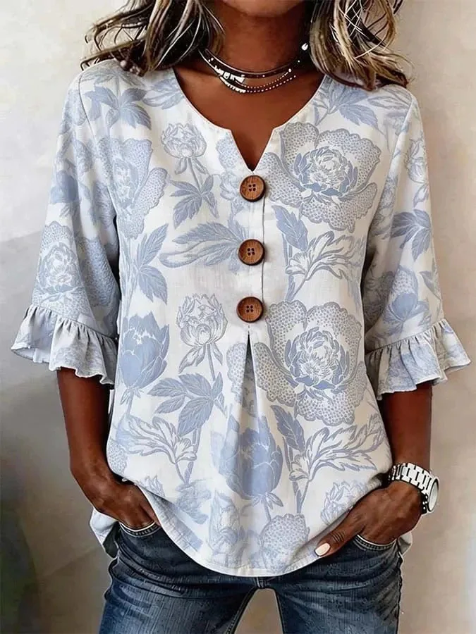 

Women V Neck Linen Blend Blouse With Wooden Buttons Ruffle 3/4 Sleeve Loose Solid Color Tops Casual Summer Shirts For Ladies2026