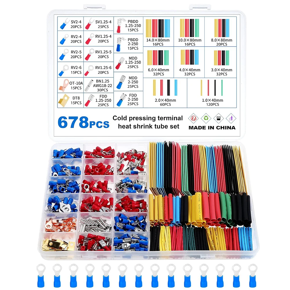 678Pcs Electrical Wire Crimp Ring Terminal Blocks Kit, Cold Pressing Terminal Set with Spade Terminals, Fork Terminals, Ring