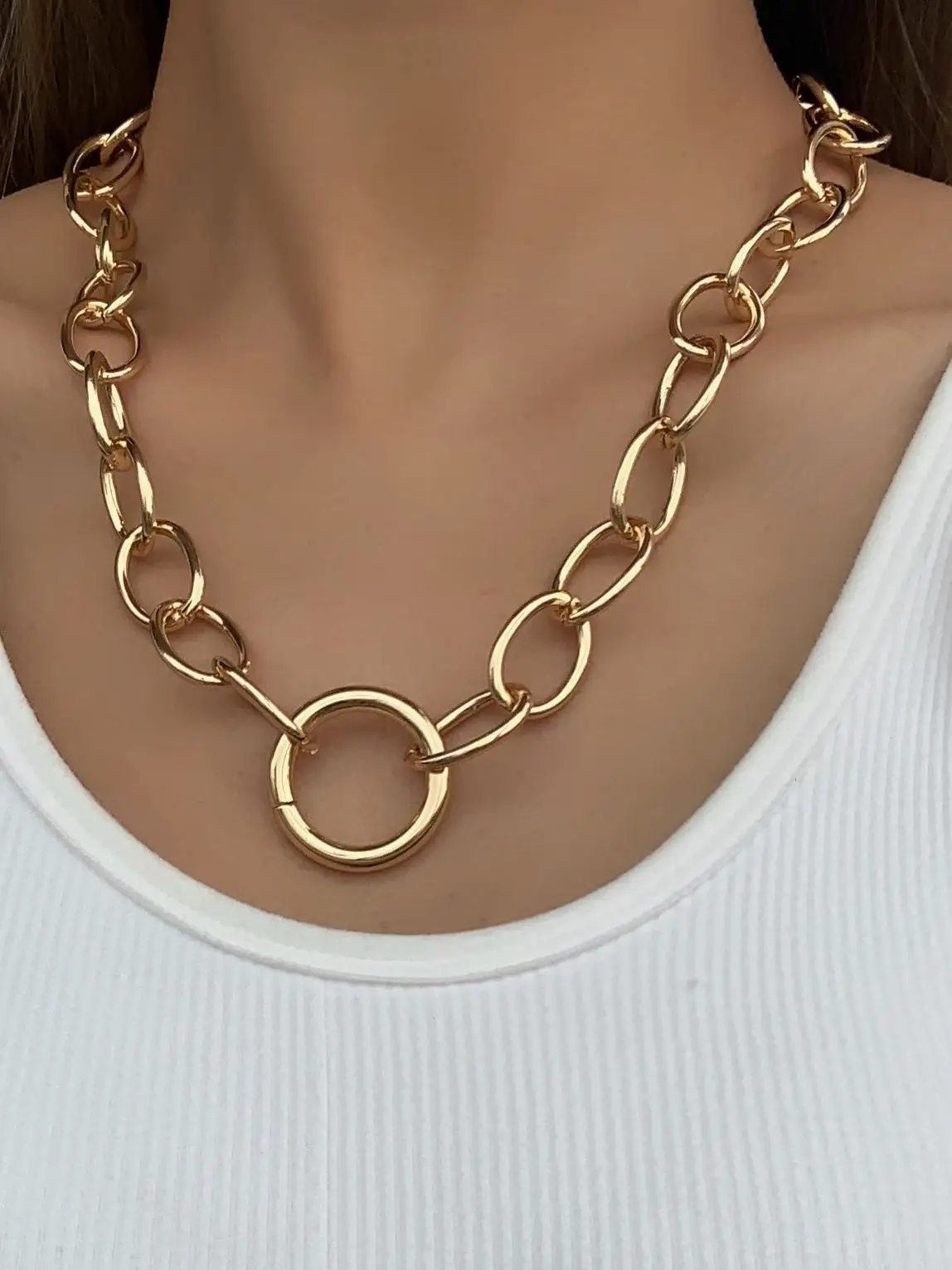 Flashbuy Fashion Gold Color Chain Choker Necklace for Women Metal Chain Circle Round Pendant Necklace Accessories Collar