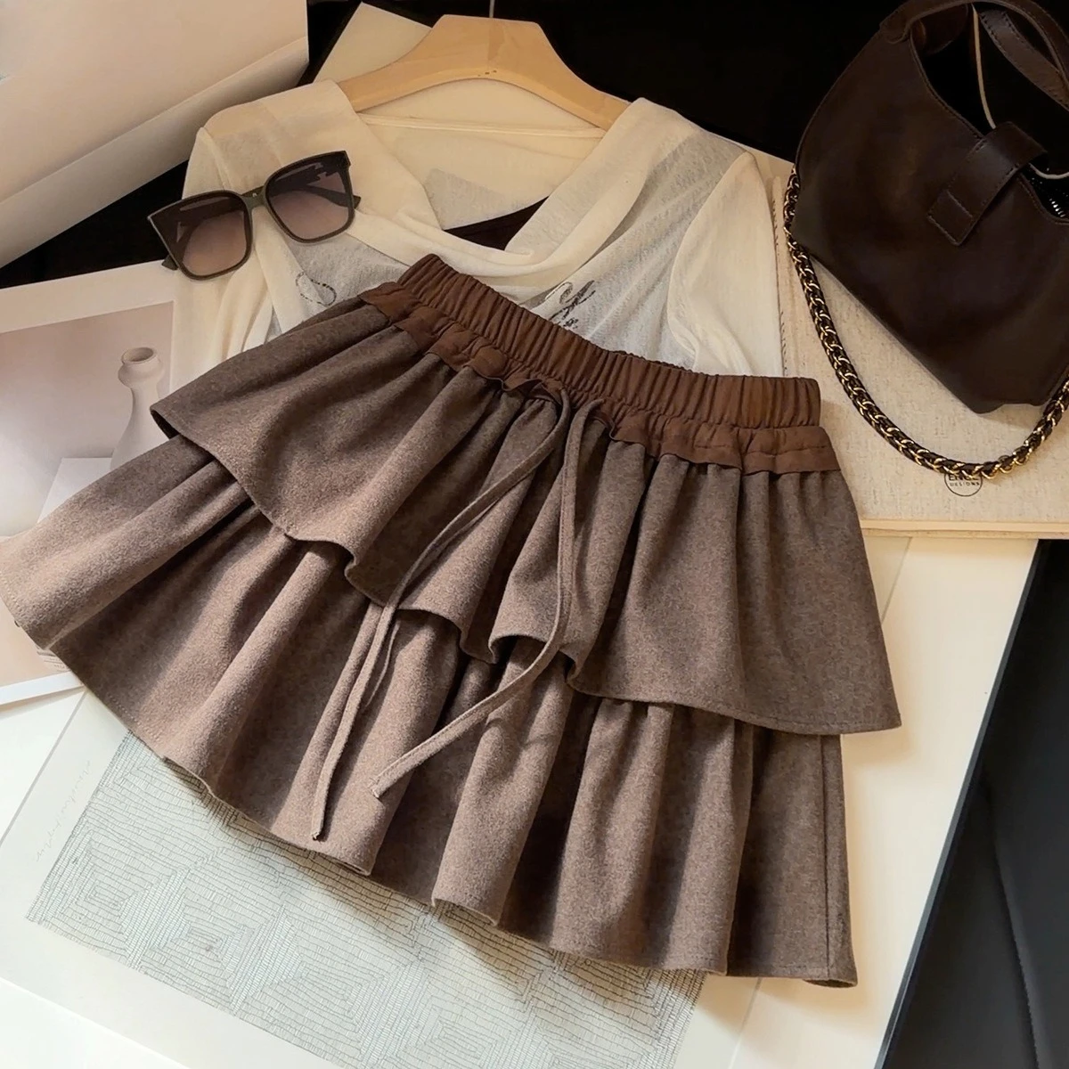 Women Vintage Brushed Midi Skirt Autumn New High Waist A‑Line Ruffle Cake Skirt Fall Y2K Streetwear Brown Midi Skirts Ladies