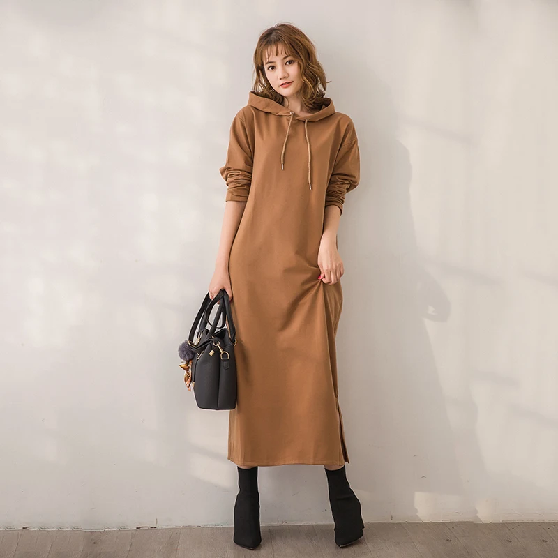 

Loose Oversized Hoodie Dr Maxi Side Slit Ankle-Length Dstring Korean Sle Commute Wind Cotton Blend Long Sve Dr