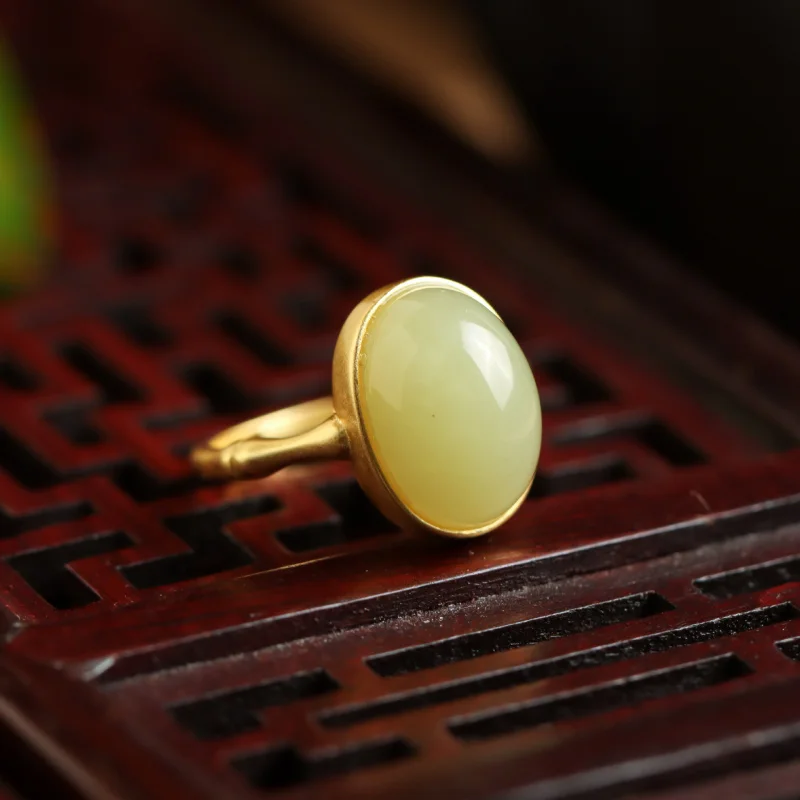 

S925 Sterling Silver Gold-Plated Hetian Jade Yellow Mouth Face Joint Adjustable Women'S Ring