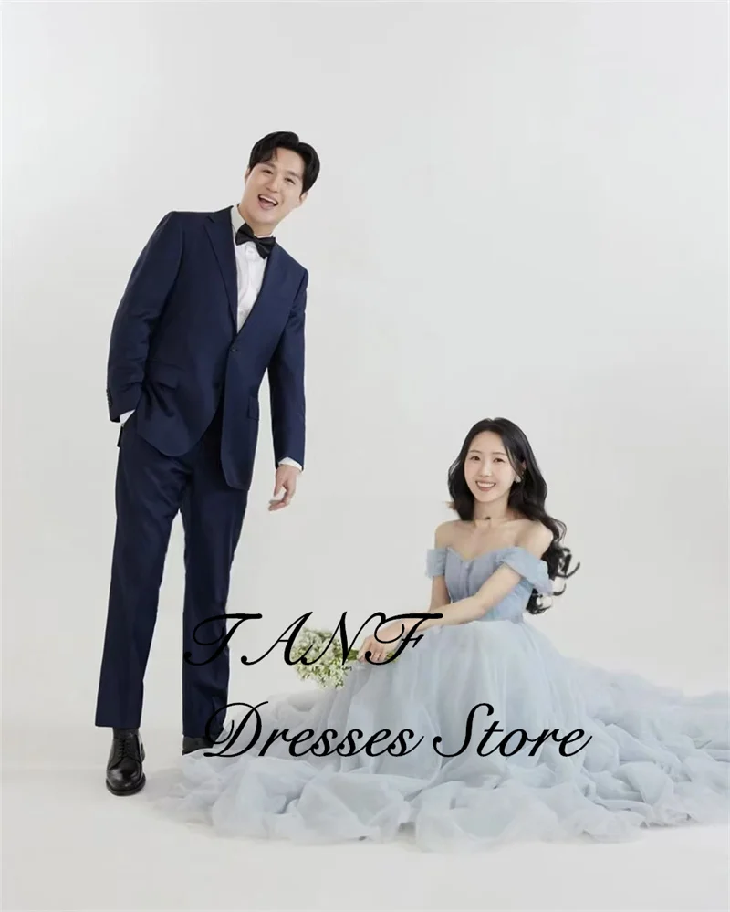 TAFN Fairy Light Blue Korea Wedding Dresses Soft Pleat Tulle Performance Dress Customized Korea Photo Shoot Bridal Party Go