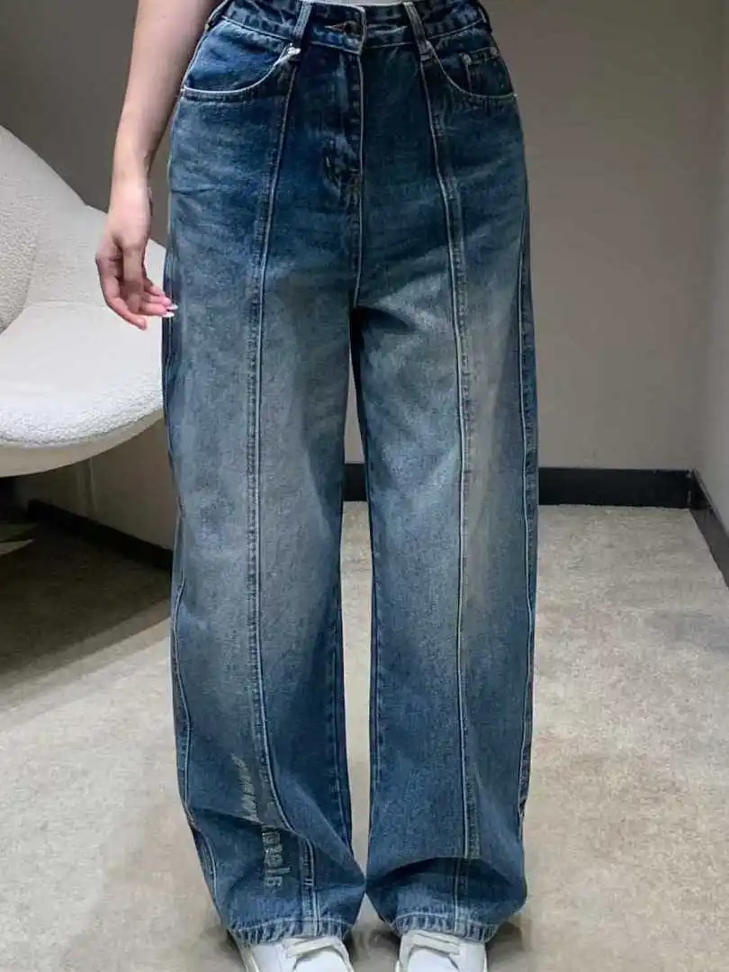 

High Waist Loose Fit Denim Pants Glitter Letter Splicing Autumn Winter New Style Casual Style Knife Scythe Leggings