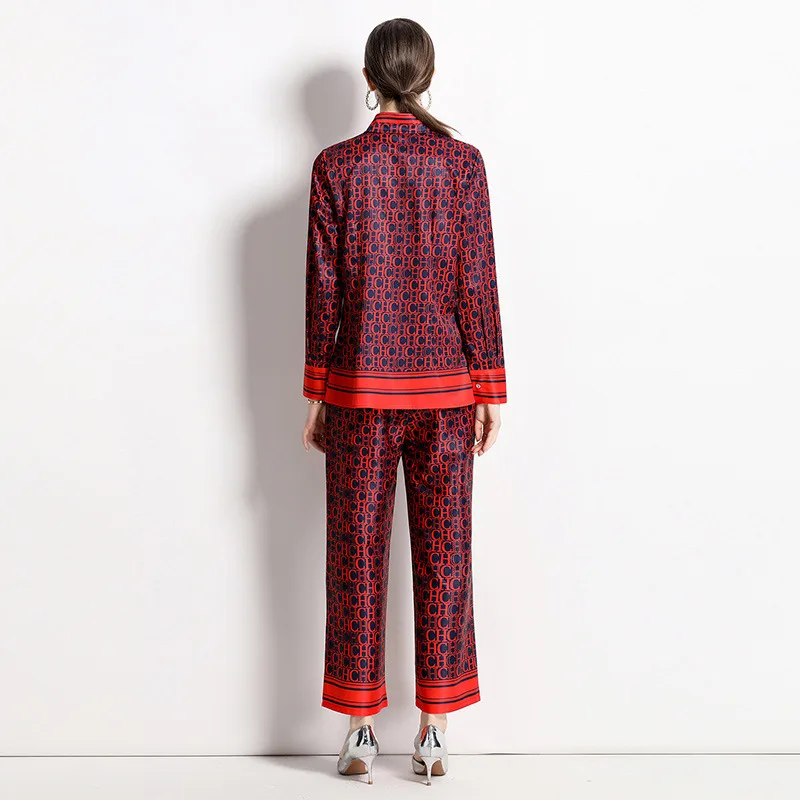 CH Womens CHCH Letter Print Two Piece Outfit Long Sleeve Button Down Shirt Wide Leg Pants Set Casual Elegant Fashion