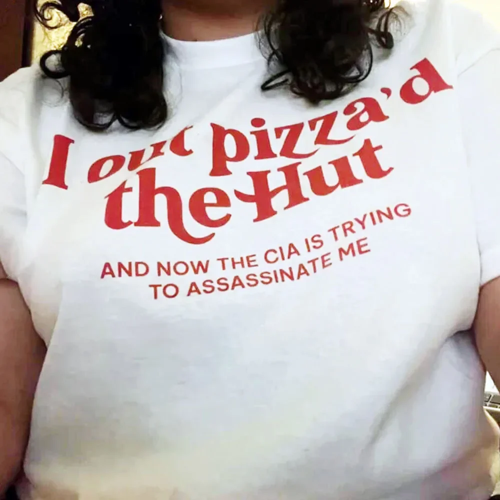 

I Out пицца из хижины CIA, убийте меня, прокованная футболка Y2k, Футболки унисекс, мужские и женские, свободные хлопковые футболки с надписью, Графические Рубашки