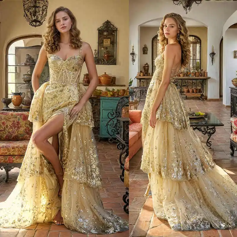 Gorgeous Evening Dress Slim-line Sleeveless Spaghetti Strap  Side Split Multilayers Court Gown Dress Vestido De Noite Customized