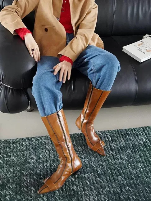 Vintage Pointy Toe Low Heels Real Leather Knee High Boots Women\'s Kitten Heel Brown Zipper Buckled Long Boot Luxury Shoes