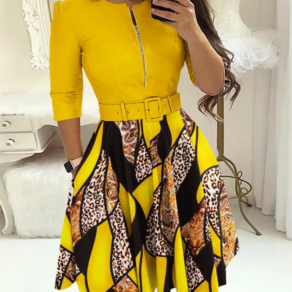 

Women's Spring Fashion Belt Midi Length Dress With Baroque Leopard Print Color Blocking Zipper Design Casual Office Dress 2024