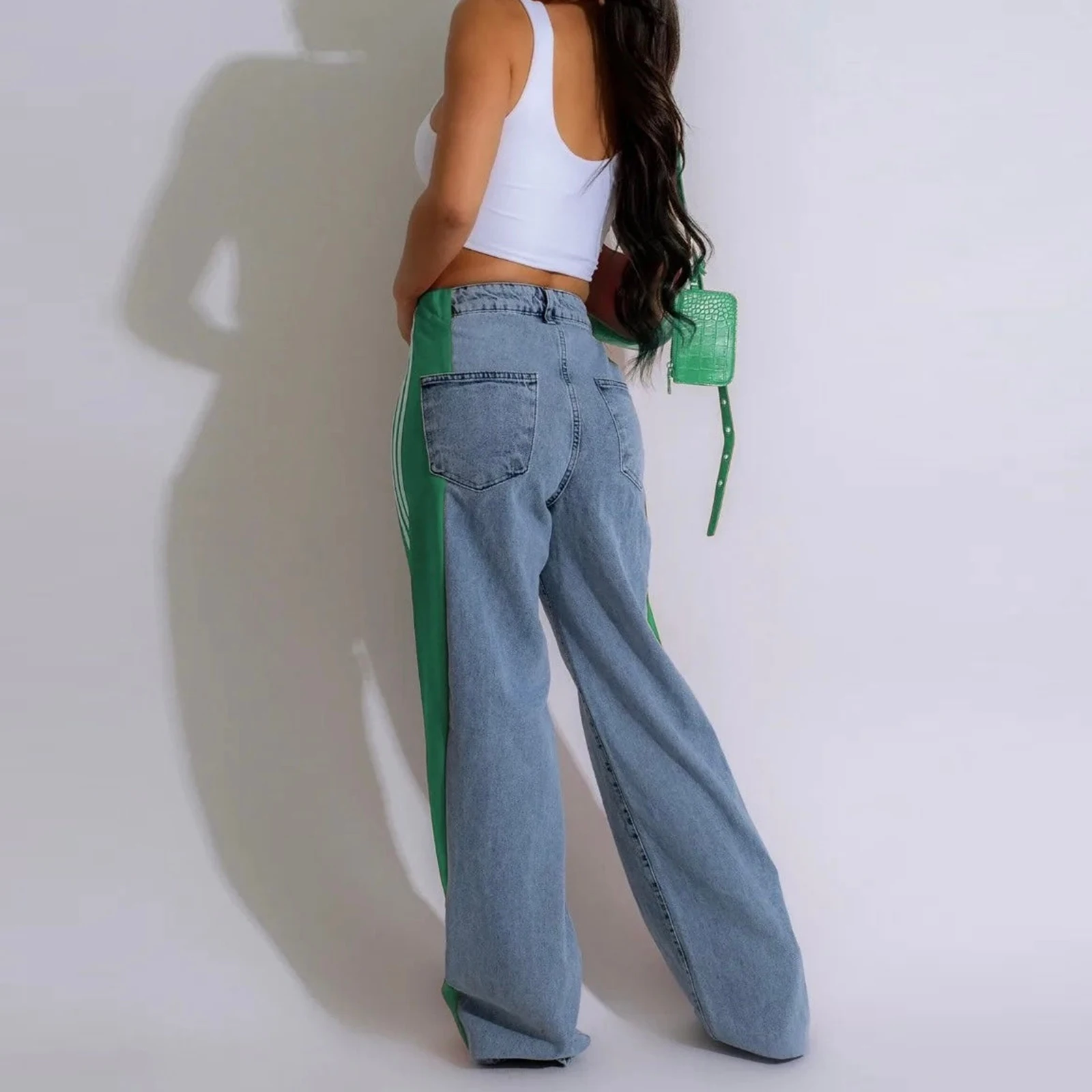 Combhasaki Damen Y2K Ästhetische Baggy-Jeans Lange Hose Knopf Hohe Taille Lose Weites Bein Seitlich Gestreifte Denim-Hose mit Taschen